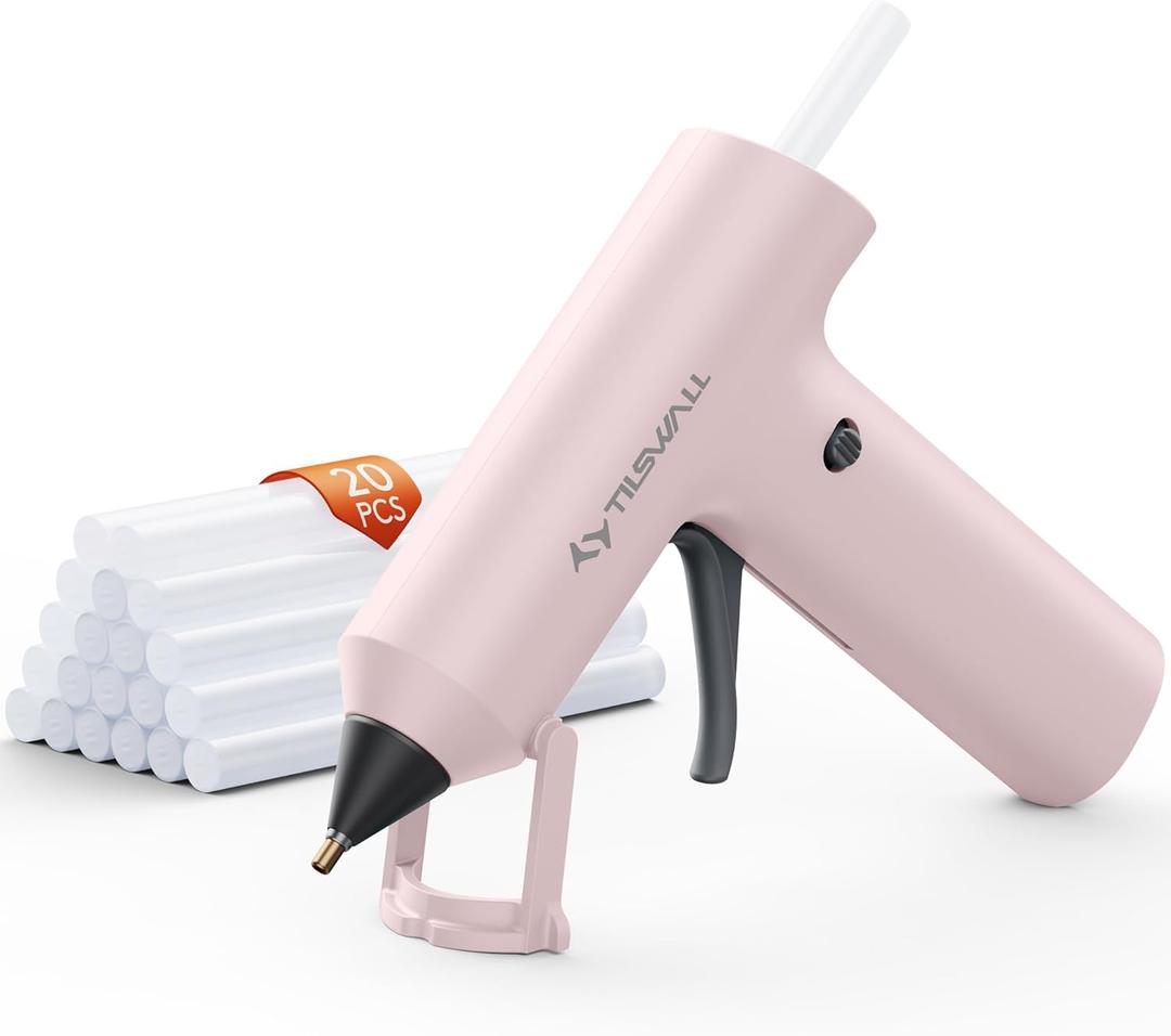 Tilswall Cordless Hot Glue Gun, Fast Preheating with 2000mAh Built-in Battery Hot Melt Glue Gun, 20 Premium Glue Sticks, Mini Glue Gun Ideal for Crafts, DIY Gift, Repairs Pink