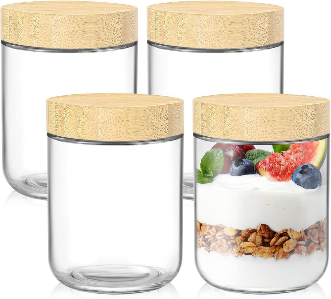 DRKIO 16 Oz Overnight Oats Containers with Bamboo Lids - 4 Pack Glass Storage Jars with Airtight Lids Wide Mouth Mason Food Jars Great for Meal Prep Salad Chia Pudding Snacks Yogurt Sugar Spice Cereal