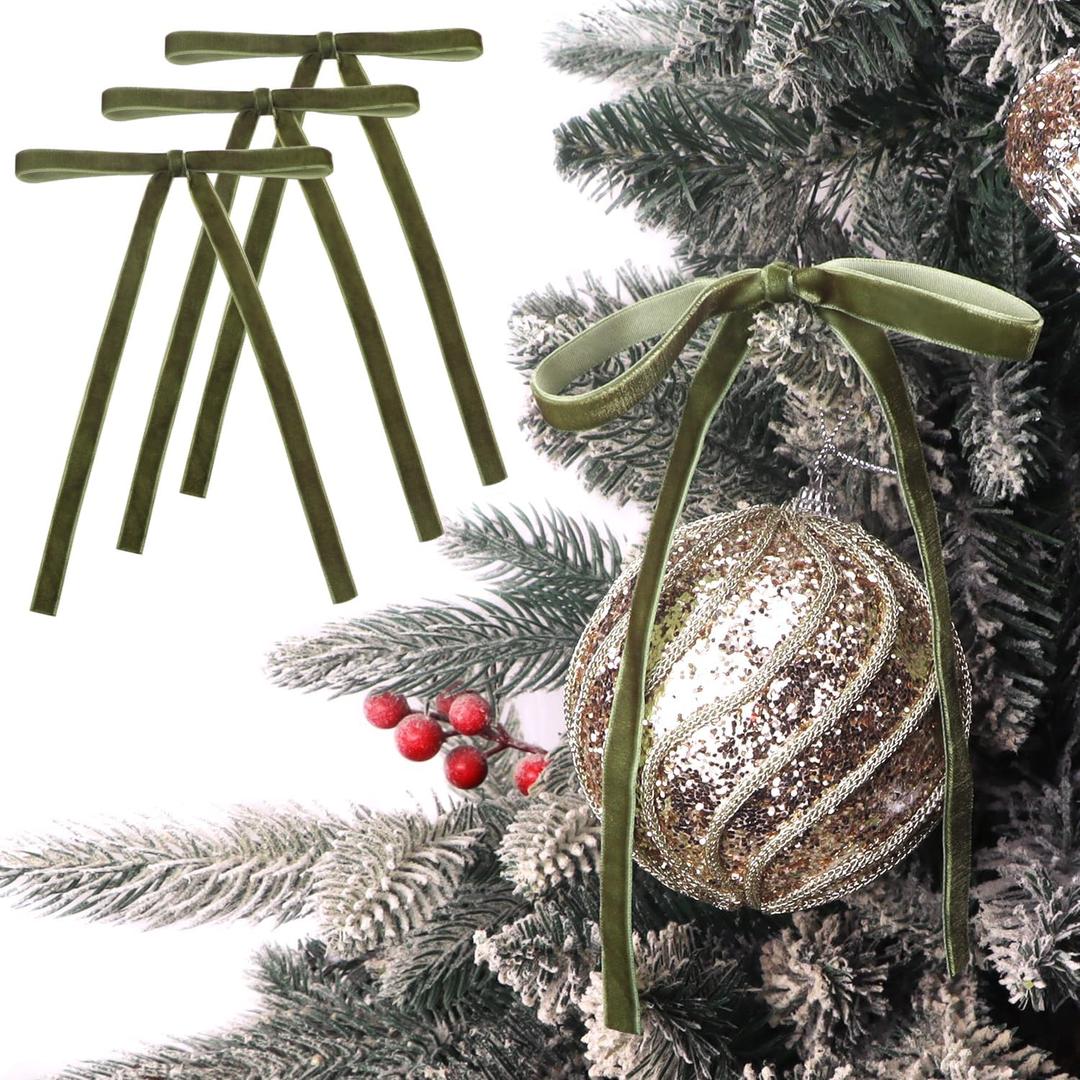 Ribbli Velvet Christmas Tree Bows 24 Pcs Moss Green Vintage Wreath Ribbon Bows for Door Garland Home Decor - 5 x 7 Inch, 3/8 Inch Wide