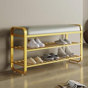 Shoe Bench,Entryway 3-Tier Metal Shoe Organizer with Cushion,Modern Shoe Rack Bench,upholstered Shoe Storage Bench for entryway Hallway Front Door (Golden, 31.5 * 12.5 * 20.4,)