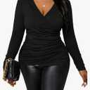 RoseSeek Women's Plus Size V Neck Wrap T Shirts Long Sleeve Slim Fit Ruched Tee Tops Office Work Clothes. XL