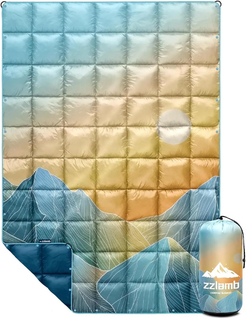 zzlamb Camping Blanket, Outdoor Lightweight Travel Blanket Puffy Portable Down Alternative, Windproof Warm Cloak with Snaps, Cozy Quilt Backpacking Picnic RV Plane Car Hammock Beach Climbing (52x75'', Symphony of Orange Ray)