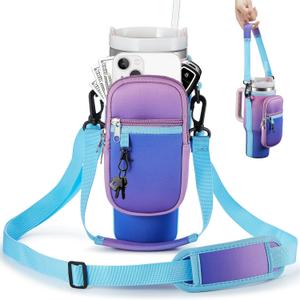 Water Bottle Carrier Bag with Phone Pocket for Stanley 40 & 30 oz Tumbler with Handle,Pink Insulated Neoprene Cup Holder Pouch w/Adjustable Strap for Quencher H2.0 Stanley Cup Accessories (40oz, Pink Blue Gradient)