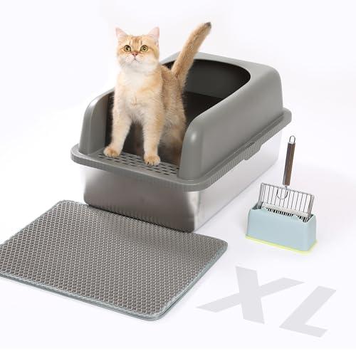 Stainless Steel XL Cat Litter Box for Big Cats- Metal Extra Large Litter Box with Lid, Include Metal Litter Scoop,Mat. High Sided with Guard Prevent Splashing. No Smell, Always New After Clean.