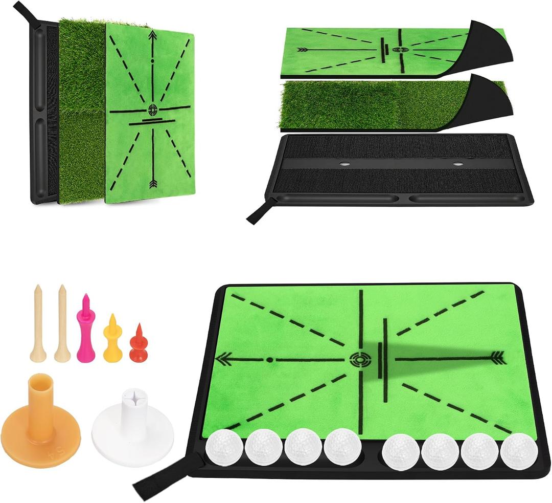NEWCARE Golf Hitting Mat with Curved Ball Tray, 3-in-1 Golf Practice Mat, Fairway Rough Putting Surfaces, Non-Slip Rubber Base, Portable Golf Training Mat, Gift Idea