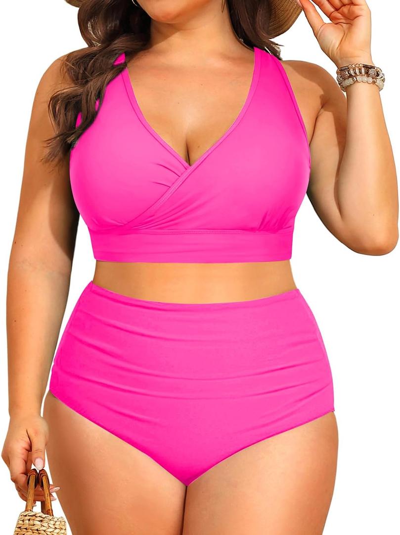Tempt Me Plus Size High Waisted Bikini - Women Two Piece Swimsuit Tummy Control Bathing Suit 2025 Swimwear (Hot Pink, 14Plus)