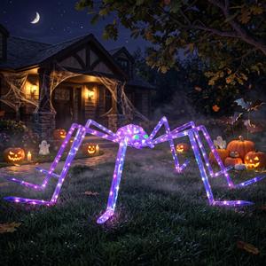 7FT Giant Halloween Spider Decorations Outdoor – Prismatic Iridescent Light-Up Spider with 170 LED Lights & Green Glowing Eyes, Easy Assembly, for Yard, Lawn, Porch, Garden, Haunted House, Party