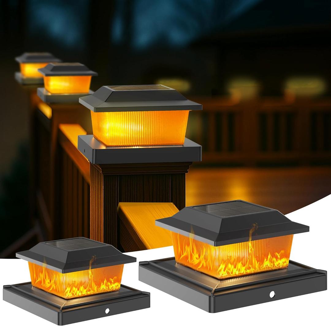 Solar Post Cap Lights Outdoor for 3.5x3.5 4x4 5x5 Wood/Vinyl Posts, 12 Pack Fence Post Solar Lights with Flickering Flame & Warm Modes for Deck/Garden/Patio, IP65 Waterproof - Black