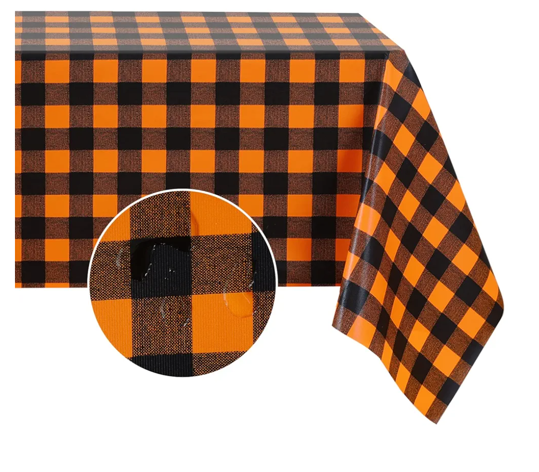 Romanstile Rectangle Vinyl PVC Tablecloth, 100% Waterproof Buffalo Plaid Plastic Table Cloth, Oil Proof Heavy Duty Wipeable Table Covers for Dining/Camping/Picnic/Outdoor - 54 x 78, Black and Orange