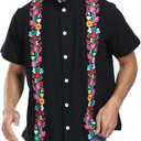 Mexican Shirts for Men Guayabera Embroidered Traditional Fiesta Button Up Collared Short Sleeve Shirt, Black, M