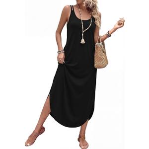 WIHOLL Summer Dresses for Women Spaghetti Strap Maxi Dress Scoop Neck Casual Boho Sundresses Beach Vacation Outfits Pockets (Black, L)