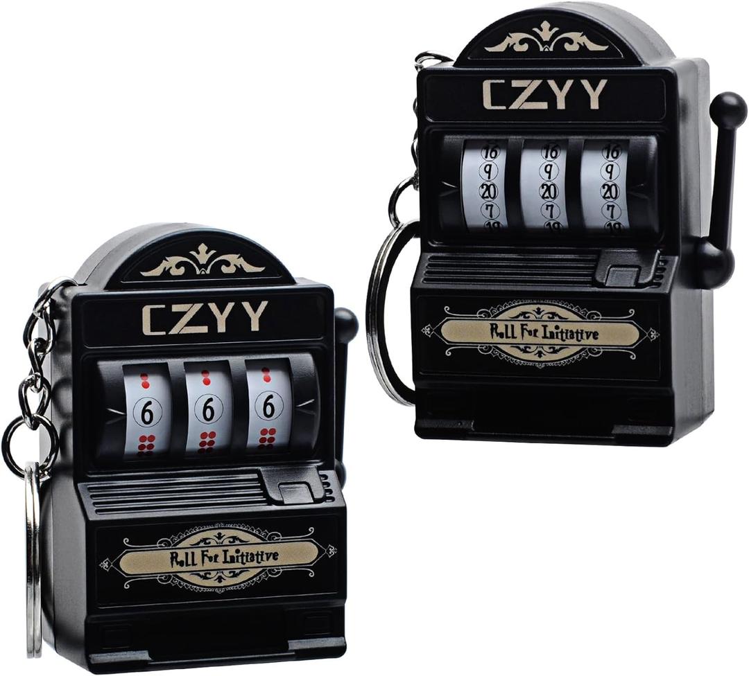 CZYY Slot Dice Set with Keychain Ring - Mini Slot Machine D20 and D6 Dice, Unique DND Accessories & Keychain - Perfect DND Gifts, RPG Gamer Fidget Toy, DND Party Favors (Black), 1 Pack