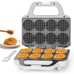 Mini Waffle Maker Machine, Tiny Waffle Bites Iron for Kids, Bake 8 x 2'' Tiny Waffle Bites, Small Waffle Maker, Compact & Easy Use, Non Stick Surface, Recipe Included, White
