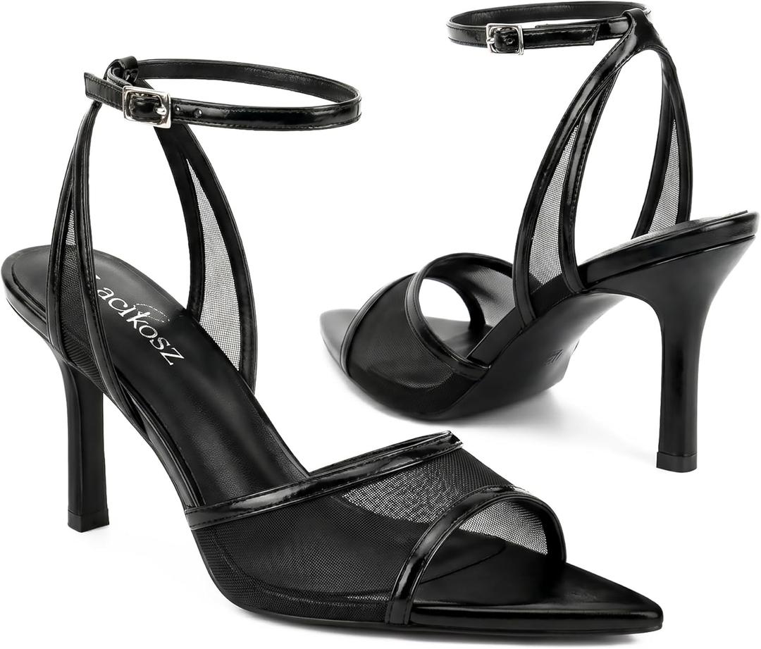 LACIKOSZ Mesh High Heels Womens Strappy Sandals Wedding Bride Dressy Shoes Pointed Toe Ankle Strap Sandals, 8.5