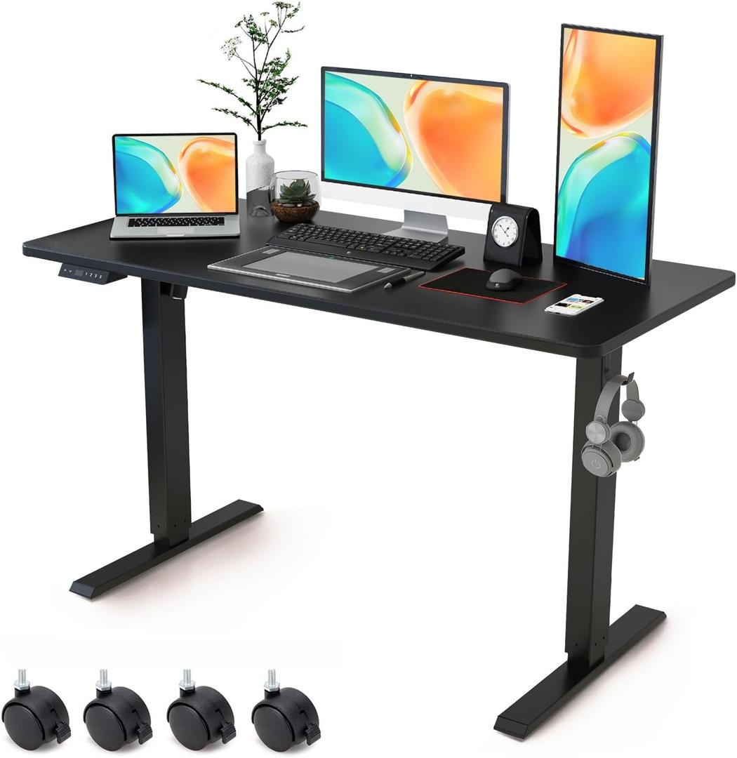 Electric Standing Desk Adjustable Height - Rolling Sit to Stand Desks on Wheels - Mobile Standup Computer Table 48 Inch Black One Piece Desktop and Rising Frame with Storage for Home Office & Gaming