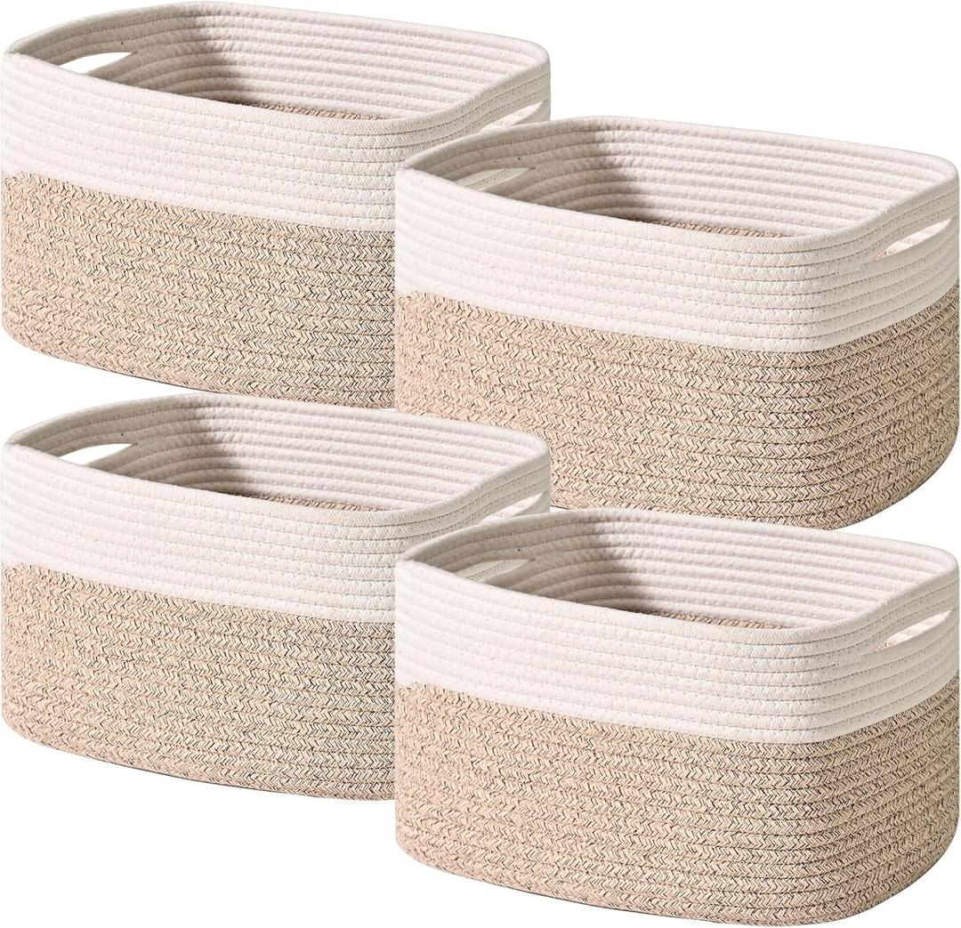 Storage Baskets for Shelves, Woven Storage Basket, Bins for Cube Storage, Cotton Rope Basket with Handles for Toy, Book, and Clothes Living Room, (4 Packs) Off White & Brown (12.5"(L)9.1"(W)7.9"(H))