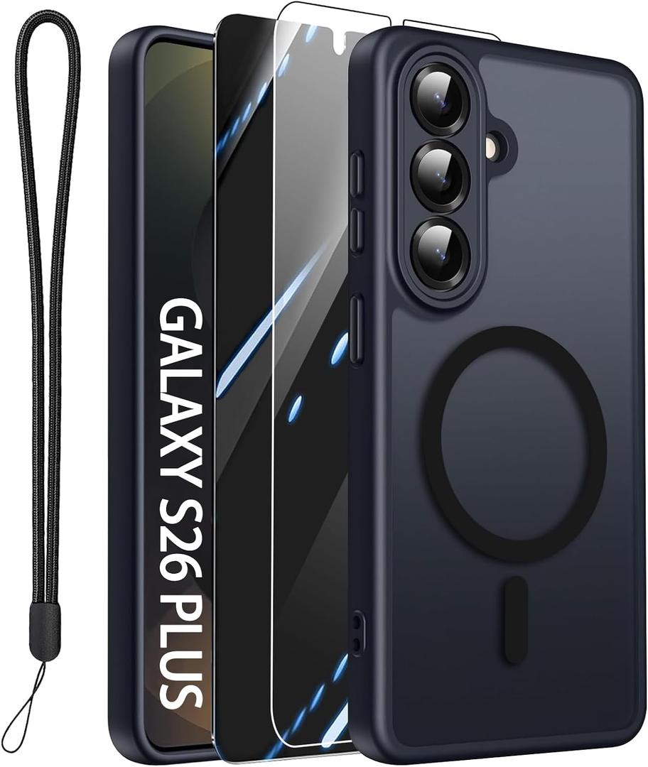 for Samsung Galaxy S26 Plus Case with 2X Screen Protector and Camera Protection Compatible with MagSafe Magnetic Matte Shockproof Phone Cover for Galaxy S 26 Plus-Black