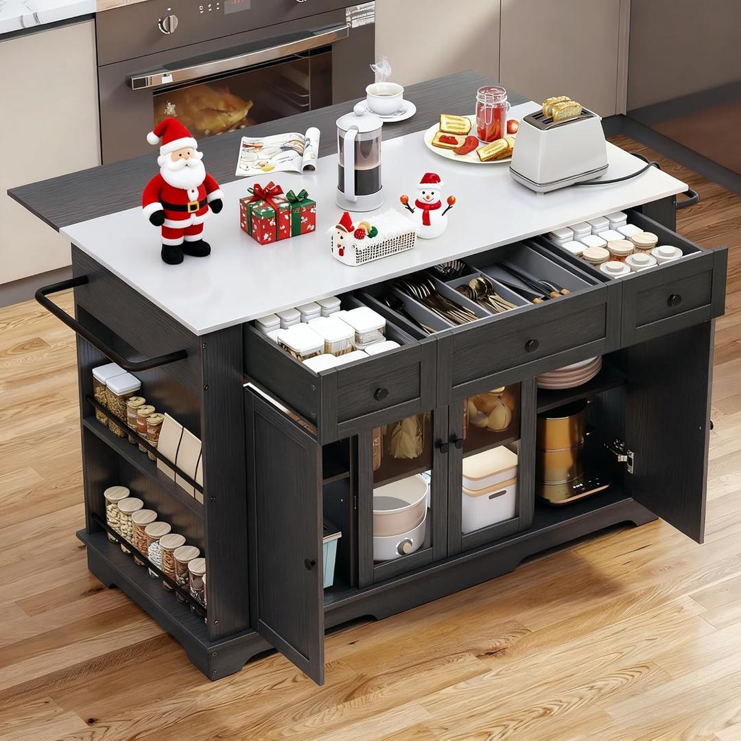 YITAHOME 60 Inch Kitchen Island with Drop Leaf, Mobile Stroage Islands with Stainless Steel Top, Rolling Island Table with Power Outlet, Adjustable Shelves, Spice Rack, Towel Rack for Kitchen, Black