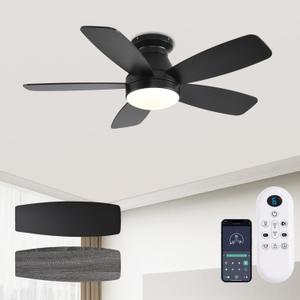 Ceiling Fans with Lights, 42 Inch Low Profile Ceiling Fan with Light and Remote/App Control, Flush Mount, Reversible, 3CCT, Dimmable, Noiseless, Black Ceiling Fan for Indoor/Outdoor Use, Black 
