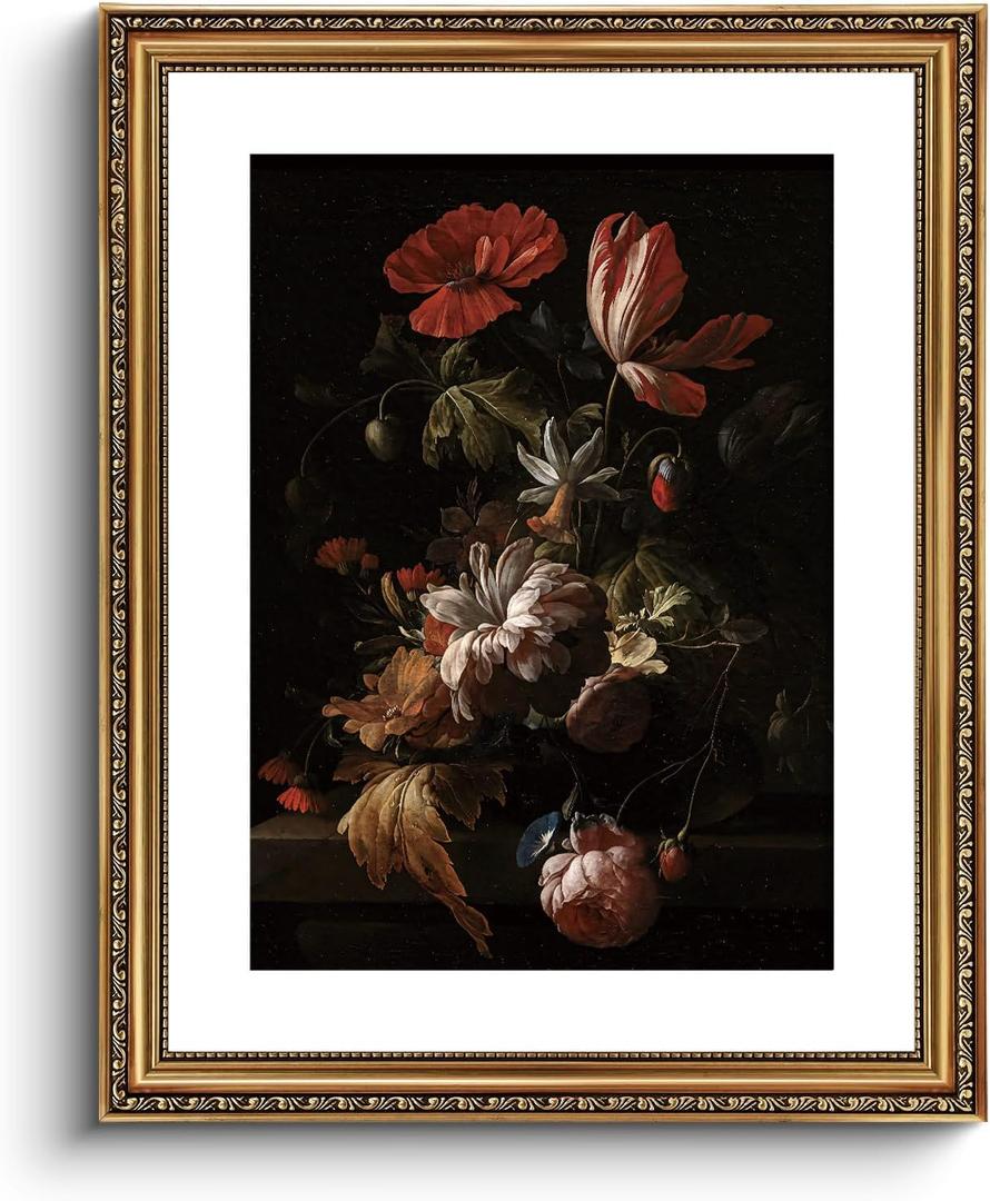 ARPEOTCY Vintage Gold Framed Large Wall Art, Retro Still life Floral Flowers in a Bowl Canvas Prints Artwork with Antique Frame, Victorian Wall Paintings Decor for Living Room Gallery, 16x20 inch (20L" x 16W", Flowers in Bowl)