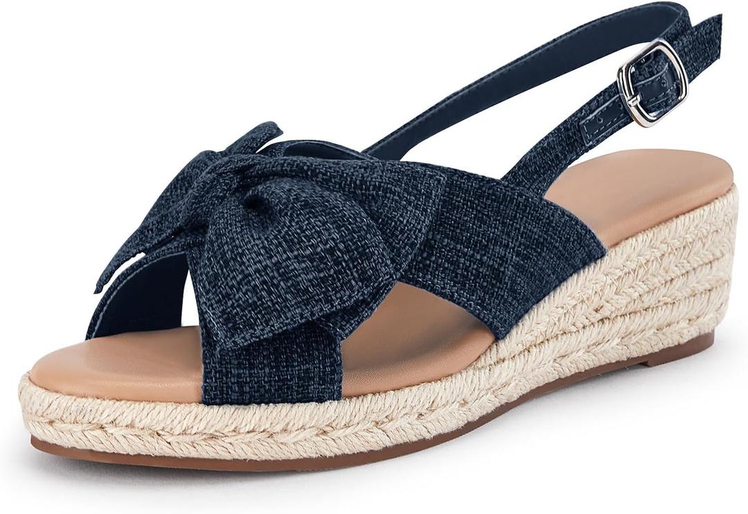 Coutgo Women's Espadrille Wedge Sandals Open Toe Slingback Platform Bowknot Casual Shoes, Navy blue, Size 8.5