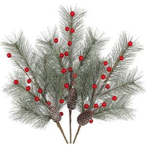 Oairse 3 Pcs Christmas Artificial Pine Branches 18.9 inch Pine Needles Stems Christmas Greenery Picks with Red Berries Pinecones Picks Spray Xmas Tree Branches for Xmas Vase DIY Craft Holiday Decor