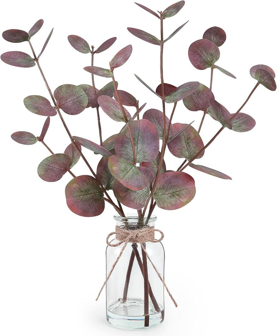 Artificial Eucalyptus Stems in Glass Vase with Faux Water, 14" Fake Plants for Home Decor, Coffee Table Centerpieces, Office, Bathroom & Farmhouse Weddings - Faux Plants Decorations