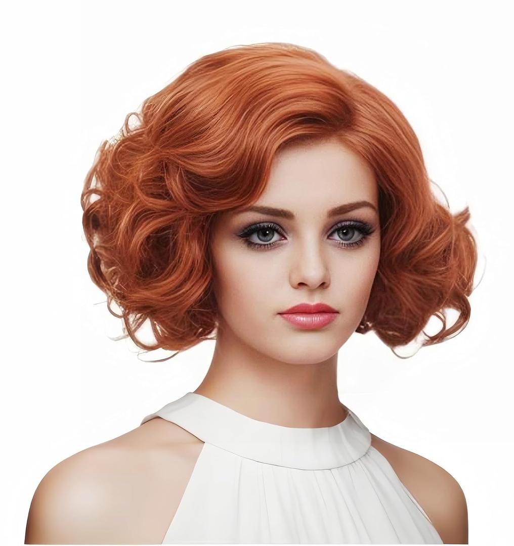 Short Copper Red Wavy Wigs for Women Auburn Curly Natural Synthetic Wig Ginger Middle Part Full Wig for Role Play,Halloween,Daily Use