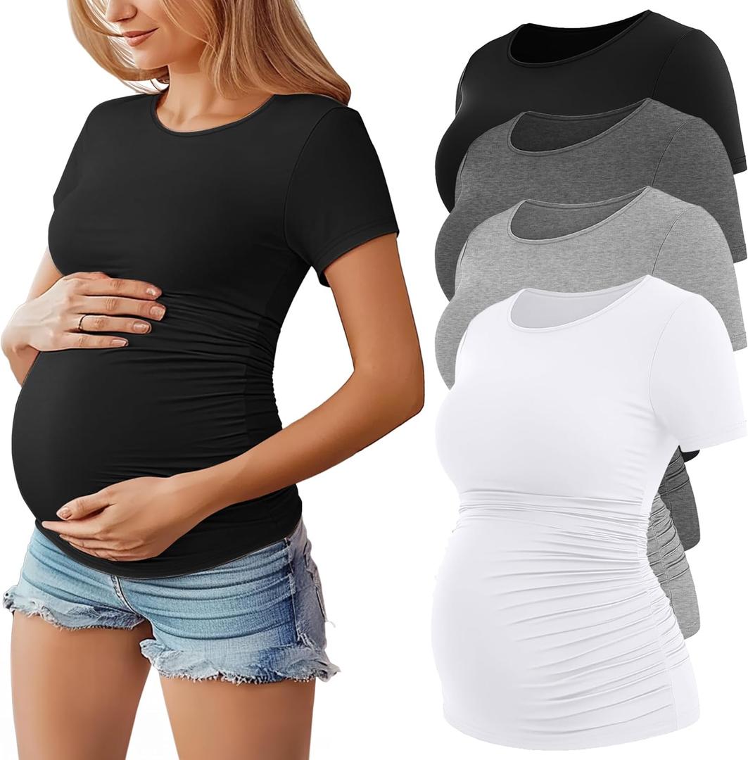Huukeay 4 Pack Women's Maternity Shirts, Crew Neck Maternity Top Short Sleeve Casual Cotton Tee Side Ruched Pregnancy Clothes, Small