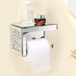 TACIDON Crystal Crush Diamond Toilet Paper Holder with Mirrored Shelf. Silver Modern Toilet Paper Holder Wall Mounted, Glamorous Mirror Toilet Paper Roll Holder for Bathroom Washroom.