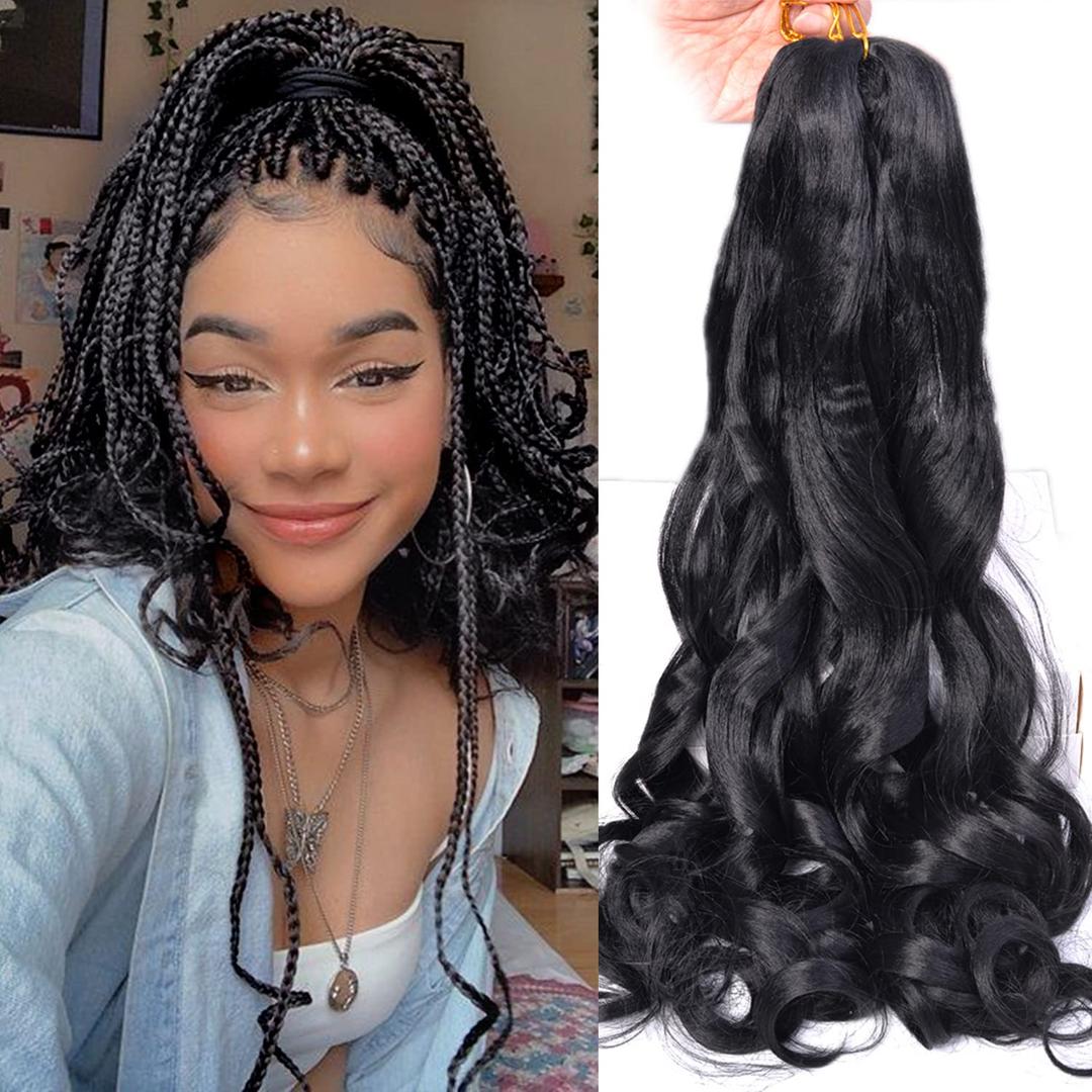 French Curly Braiding Hair 24Inch Loose Wavy 8 Packs #1B Black Bouncy Braiding Hair Extensions 75g/Pack Synthetic French Curl Crochet Hair Extensions8packs,24Inch)