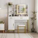 GarveeHome Makeup Vanity Desk with Lights in 3 Colors, White Vanity Table with Charging Station, Visible Drawers