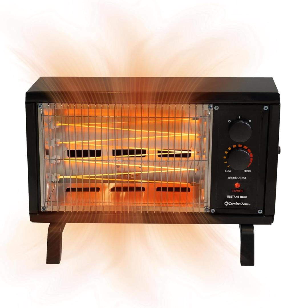 Comfort Zone 1500W Portable Radiant Space Heater, Adjustable Thermostat, Dual Heat Settings, All-Metal Construction, Tip-Over & Overheat Protection, Ideal for Garage & Workshop (Black)