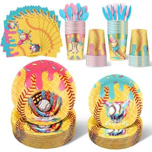 350 Pcs Ice Cream Drip Baseball Birthday Party Decorations Set Ice Cream Paper Plates Napkins Fork Set Disposable Fairy Tableware Decorations Supplies for Baby Shower Dinner Serves 50