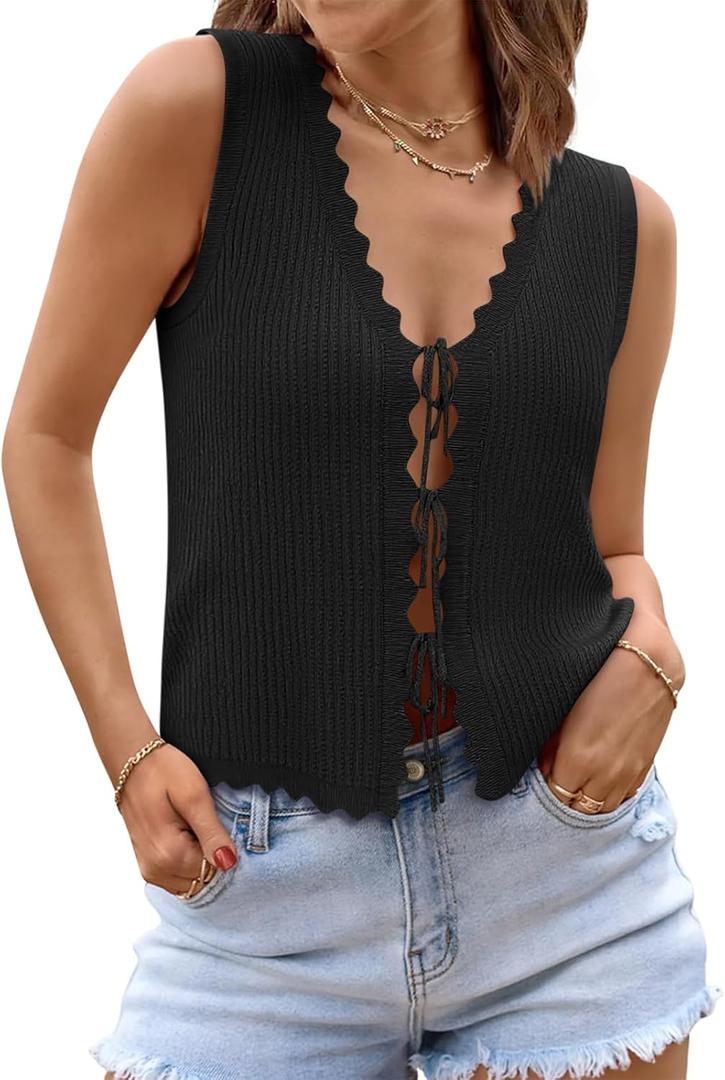 Womens Tie Front Tops Trendy 2025 Summer V Neck Sleeveless Sweater Vests Fashion Cute Crochet Knit Tops (Large, Black) Womens Tie Front Tops Trendy 2025 Summer V Neck Sleeveless Sweater Vests Fashion Cute Crochet Knit Tops (Large, Black)