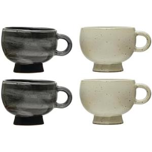 Modern Stoneware Footed Mug, Set of 4, Black and White