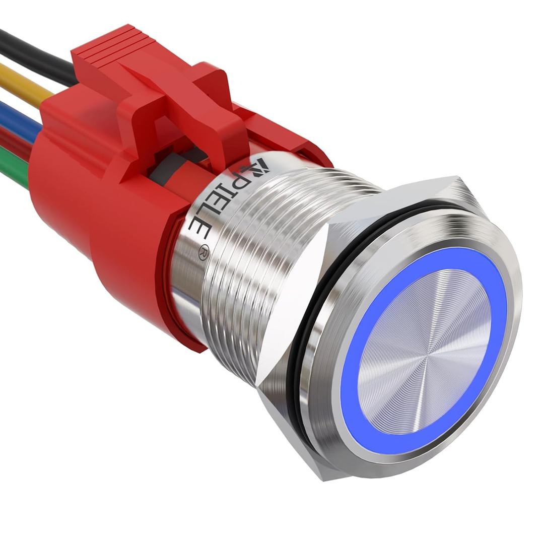 APIELE 19mm Latching Push Button Switch 12V DC Angel Eye Halo Ring LED Metal 0.74" 1NO1NC SPDT with Wire Socket Plug (Blue) (Silver Shell, Silver Shell-Blue)