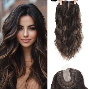 16Inch Hair Toppers for Women with Thinning Hair, Heat Resistant Fibre Synthetic 6.5" x 6.5" Base, Curly Wavy Topper for Women (Dark Brown with Highlights, 16inch)