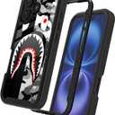 Street Fashion Cool Camo Black Gray Shark Design Compatible with iPhone 16 Case for Boys Man Luxury Shockproof Rugged Cover Dual Layer Soft TPU + Hard PC Bumper Full-Body Protective Case