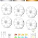 EZVALO 6-Pack Under Cabinet Lighting, Rechargeable Motion Sensor Puck Light with Remote, 3 Color Temps & 12 RGB Colors, Magnetic Stick on Light, Dimmable Under Counter Light for Kitchen, Home Decor