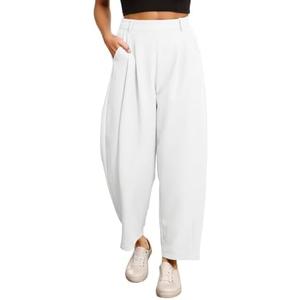 EVALESS Women's Wide Leg Barrel Pants Elastic High Waisted Trousers Business Work Casual Palazzo Pants with Pockets L White