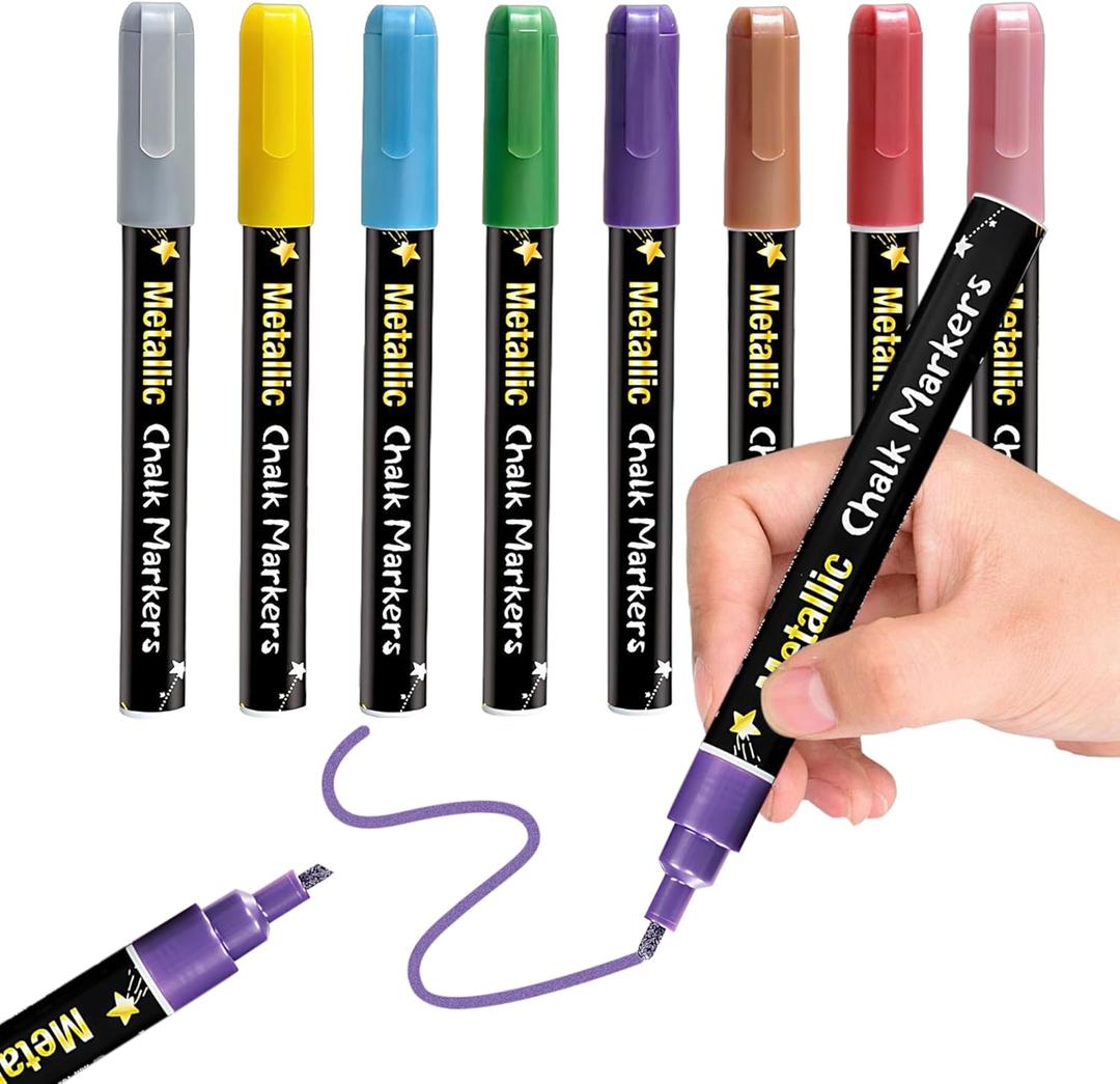 Liquid Chalk Markers - 8 Metallic Markers Dry & Wet Erase Marker Pens Washable Paint Chalk Pens for Chalkboard Signs, Car Windows, Blackboard, Glass, Dry-erase Board, Whiteboards - 3mm