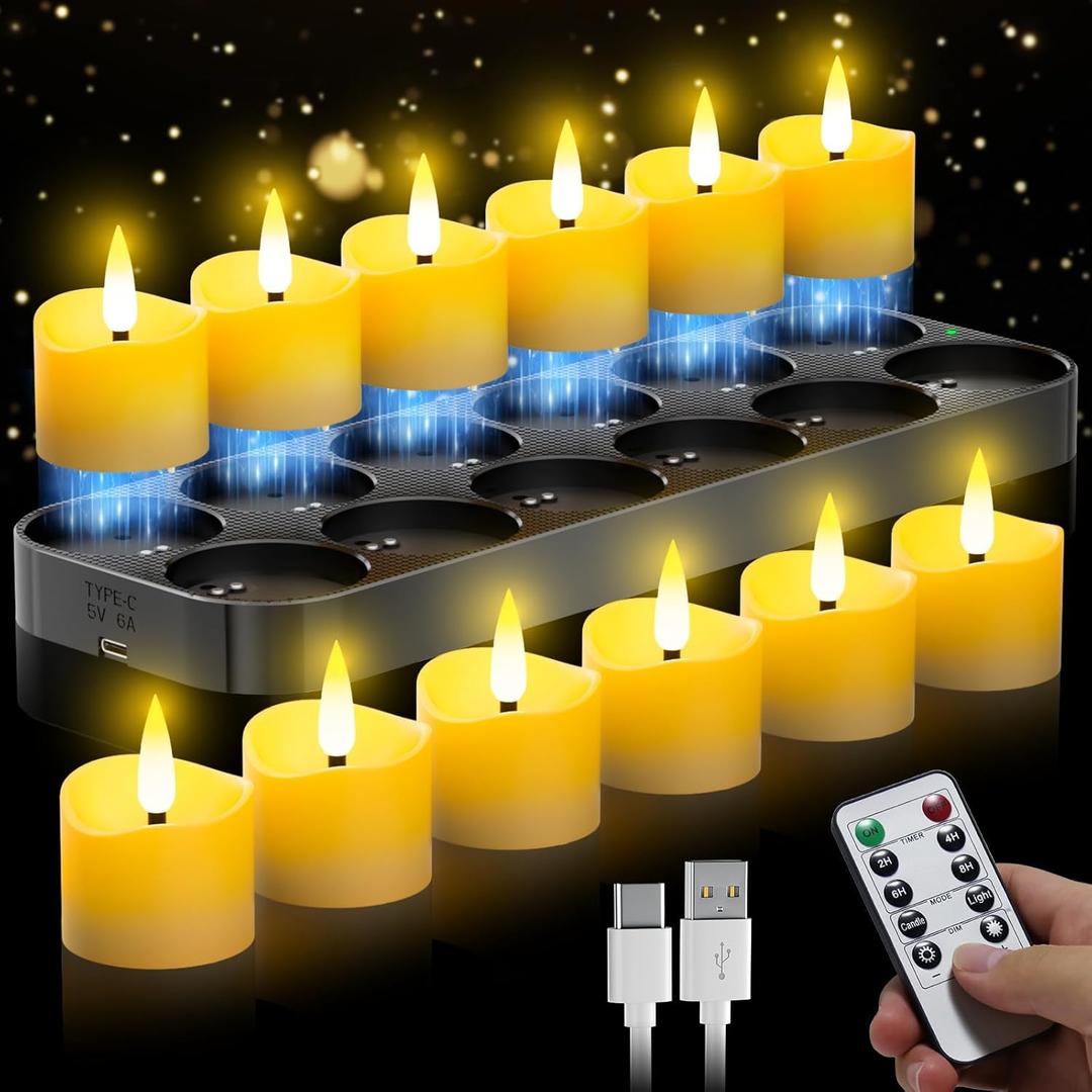 YiaMia 12 Pack Upgraded Rechargeable Tea Lights with Magnetic Wireless Charging Base, Flameless LED Candles with Remote and Timer, 100+H Battery Operated Candles for Votive Wedding Halloween Christmas
