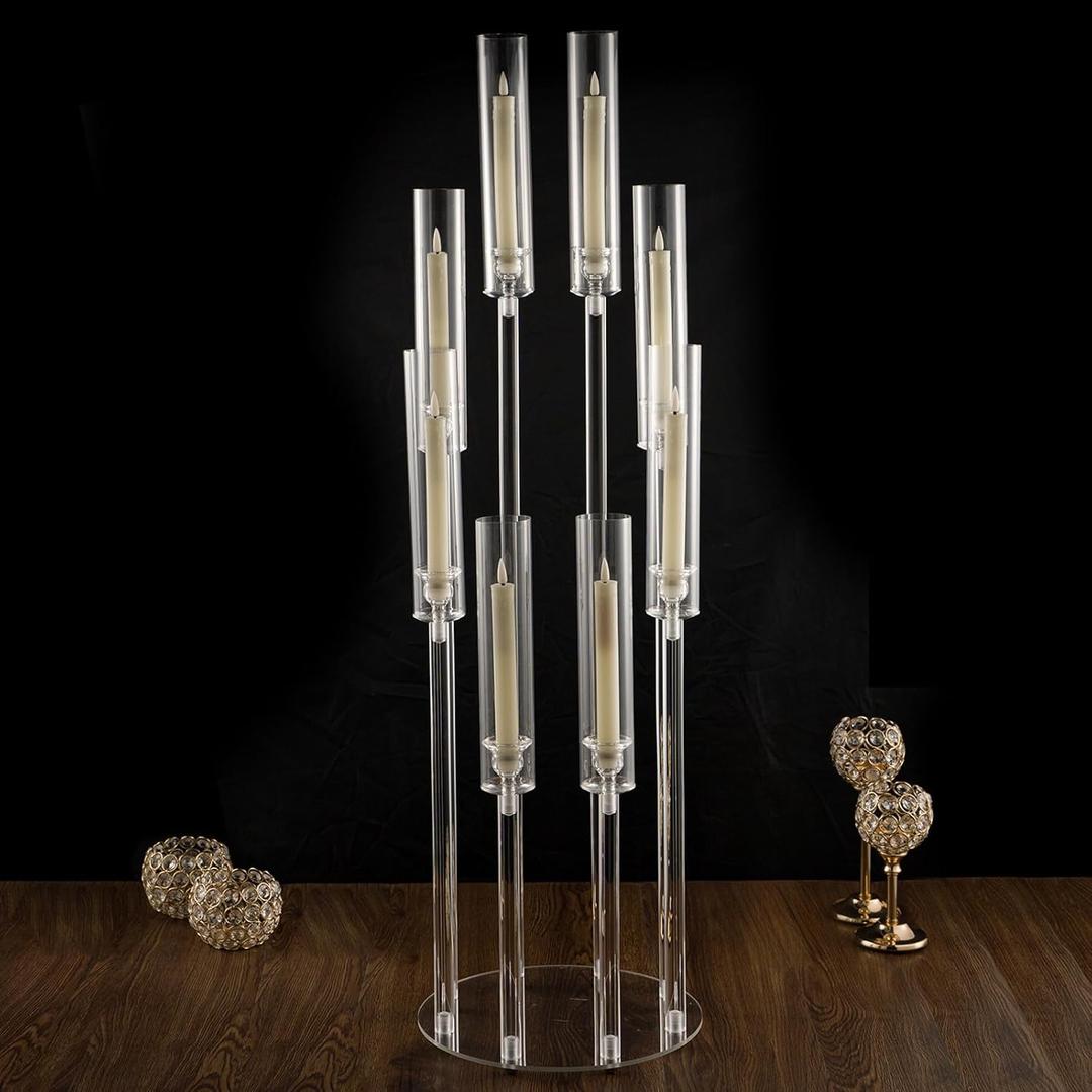 VINCIGANT 8 Arms Clear Candlesticks Holder for Wedding Decorations,Tall Arcylic Candelabra Candle Holder with Shade for Valentines Day Events Party Table Centerpiece,Fit LED Candles