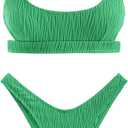 ZAFUL Womens Bikini Swimsuits High Cut Bikini Sets Textured Cutout Scoop Neck Solid Swimsuit Two Piece Bathing Suit (3-Green, M)