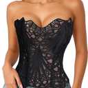 LEACOOLKEY Lacework Corset Top for Women Sexy Textured Sheer Floral Lace Bustier Going Out Lace-up Corset Overbust Top (Black, S)