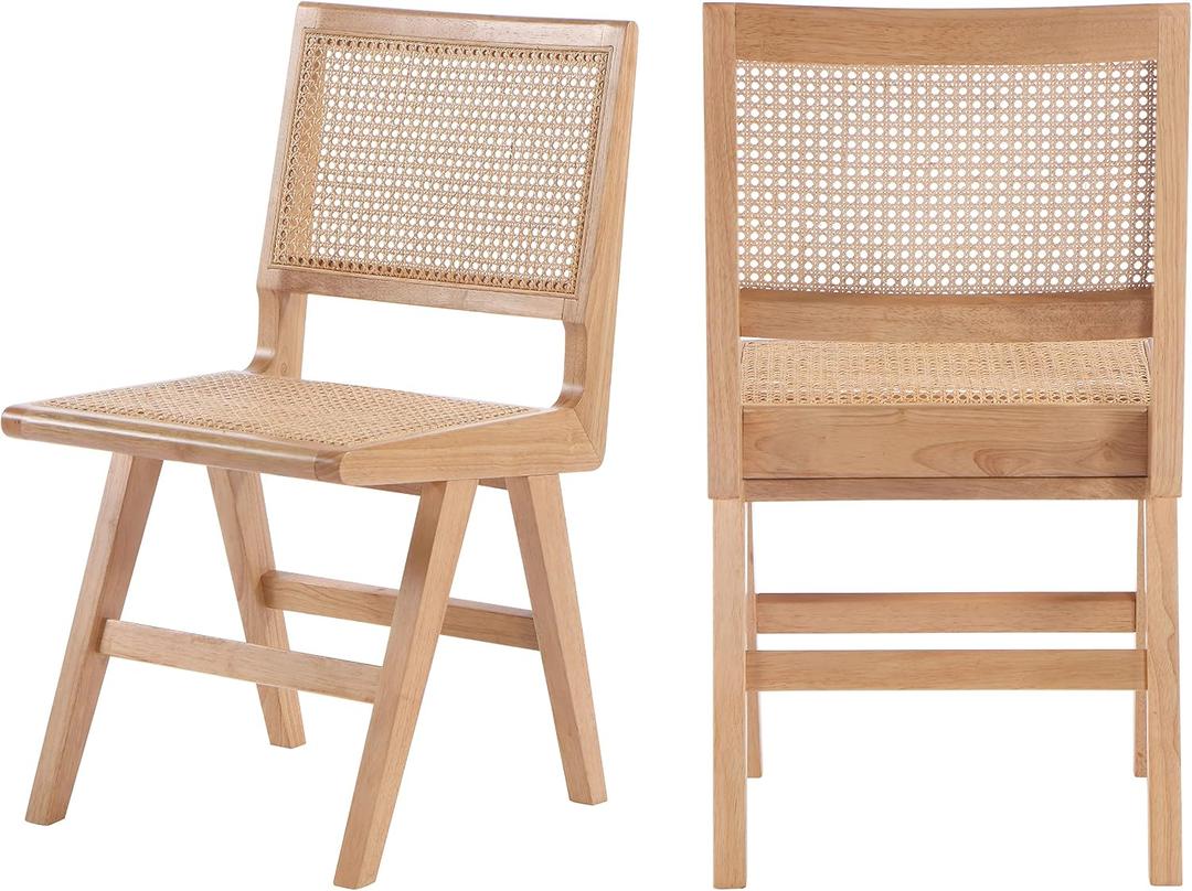 Meridian Furniture 588Natural-SC Preston Collection Mid-Century Modern Dining Side Chair, Solid Wood Natural Finish, Natural Cane/Rattan Back and Seat, 18.5" W x 22" D x 34.5" H, Natural, Set of 2