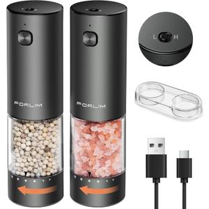 FORLIM 2-Speed Electric Salt And Pepper Grinder Set, External Rotation To Adjust Coarseness, Rechargeable Aluminum Alloy Pepper Mill With Base, One-Button Automatic Grinding, Washable Container