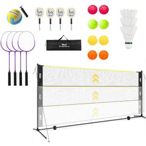 NQV Pickleball Set with Net-10FT Half Court Size Pickleball Net+Wood Pickleball Paddles+Pickle Balls+Ball Retrievers+Pickleball Court Marking Kit, Portable Driveway Outdoor Indoor for Beginners Pros