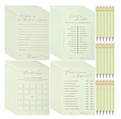 Sinload 132 Pieces Wedding Shower Games Bridal Shower Favors for 30 Guests Including 120 Wedding Games Cards and 12 Pencils for Bride Groom Bachelorette Party Favor(Sage Green)